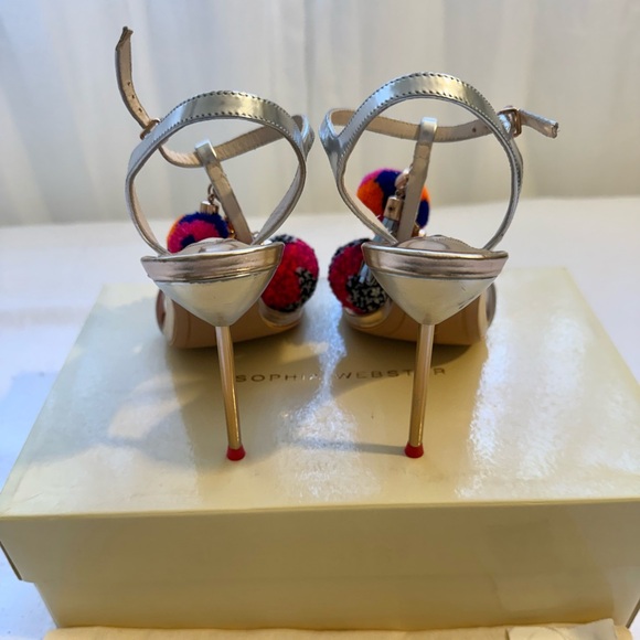 Sophia Webster LAYLA POM POM T-BAR.  Silver and Rose Gold Heels with Pom-Poms - Picture 12 of 16